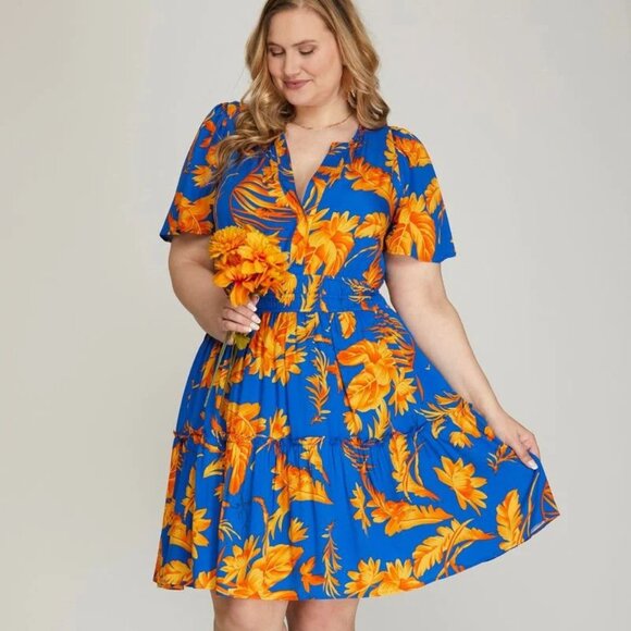 ROYAL BLUE FLORAL PLUS SIZE MINI DRESS - Picture 1 of 6
